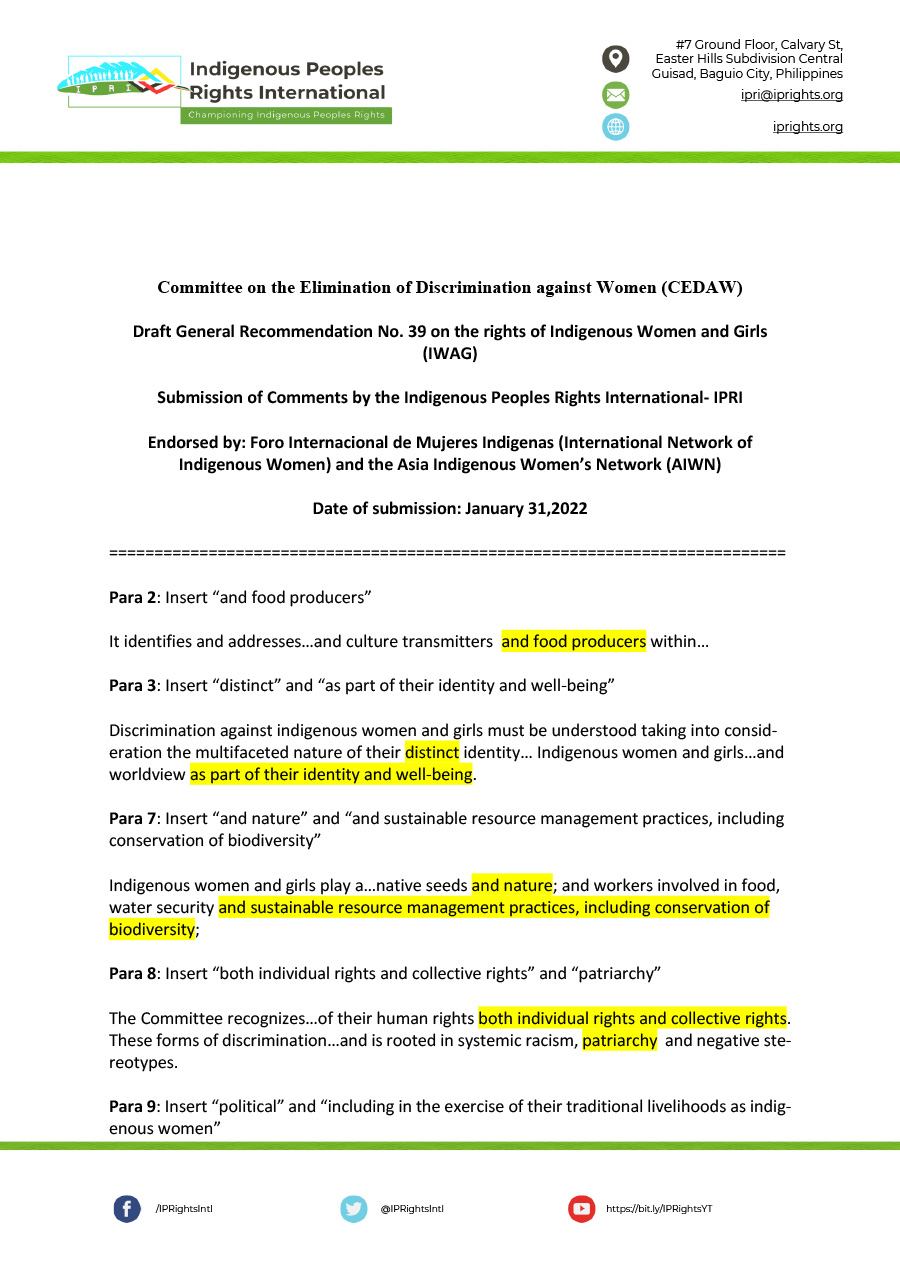 Committee on the Elimination of Discrimination against Women (CEDAW) Draft General Recommendation No. 39 on the rights of Indigenous Women and Girls (IWAG)